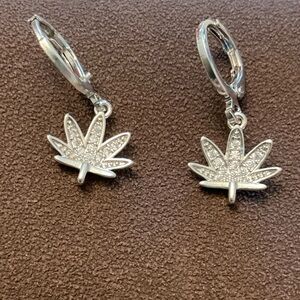 Rhinestone Encrusted Silver Leaf Dangle Drop Huggie Cuff Style Earrings